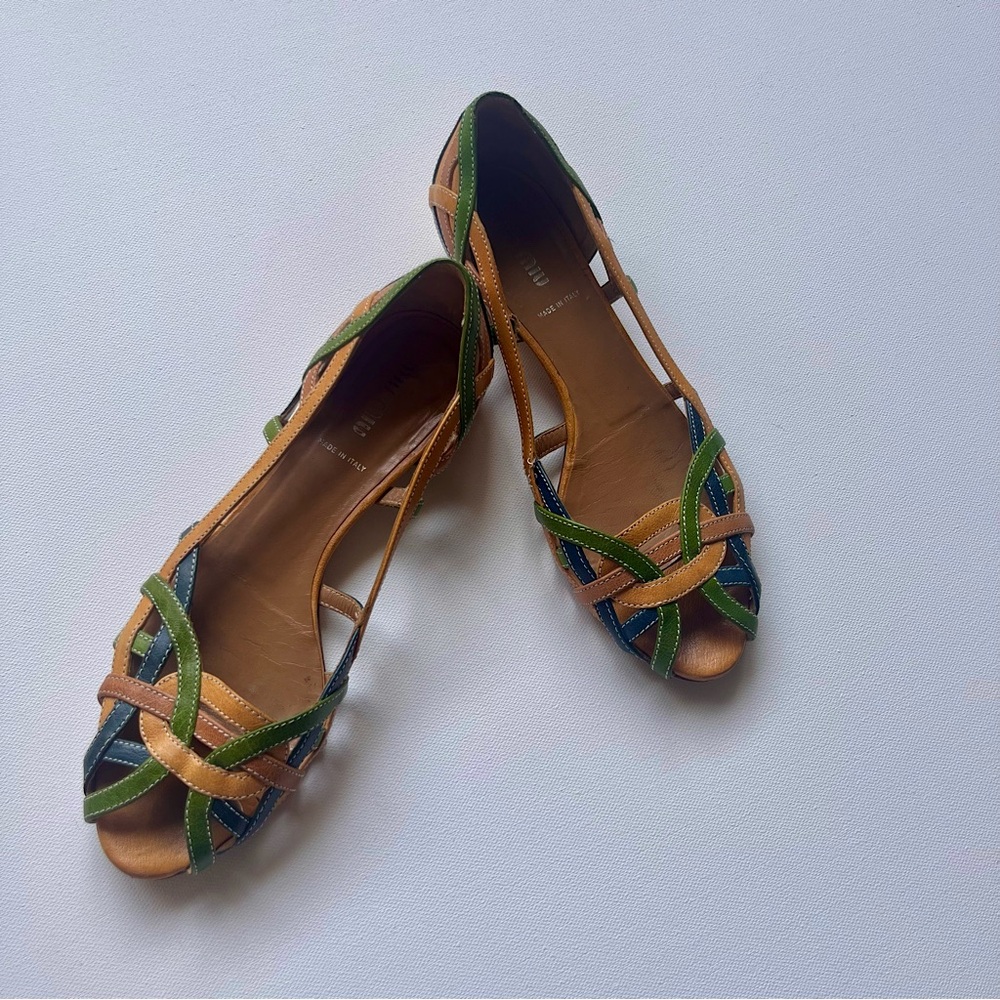 Miu Miu vintage prep multicolor tan, yellow and green woven leather mules